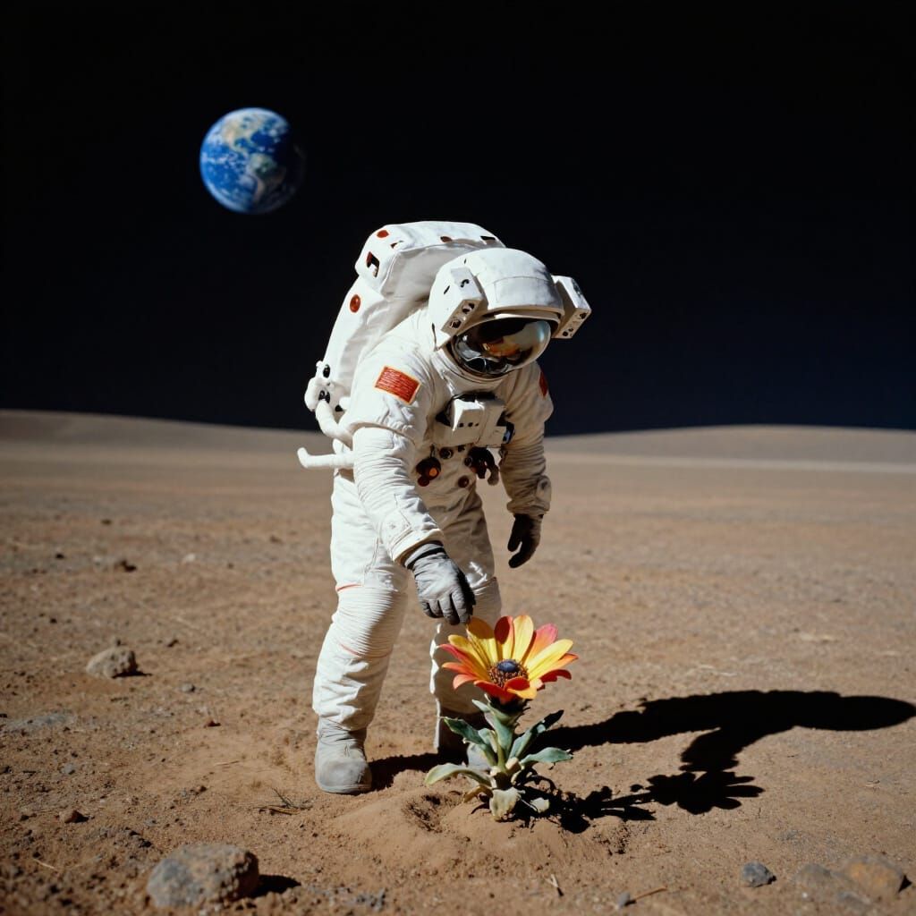 Astronaut Plants Alien Flower on Mars, Earth Visible