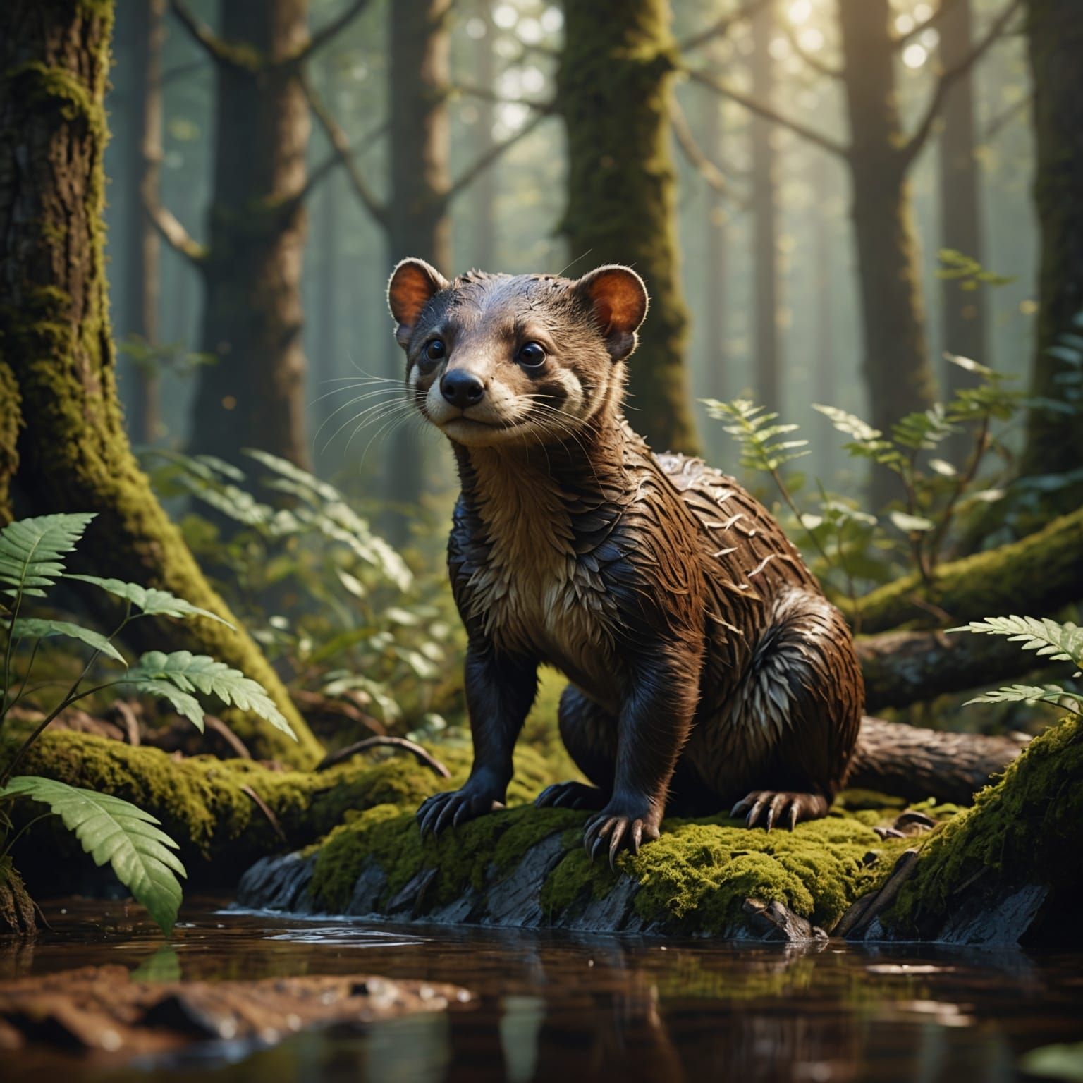 Brown Mustela Animal in Forest: Digital HD Render