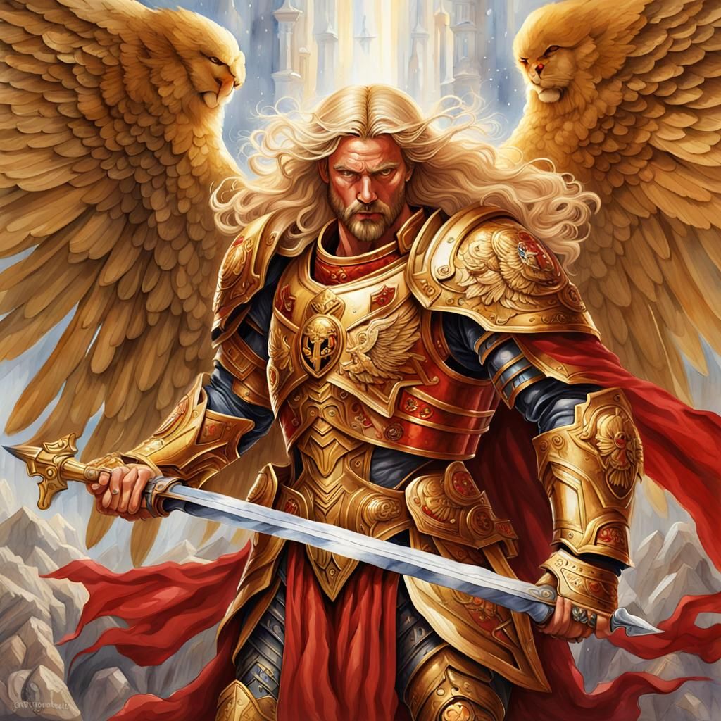 Golden Angel Sanguinius with Lion Face, Shining Wings and Ha...