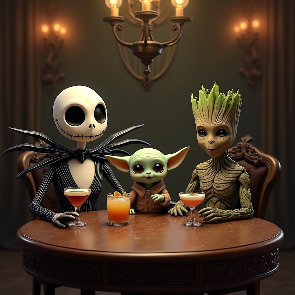 Jack, Yoda, and Groot Share Cocktails: Whimsical Art