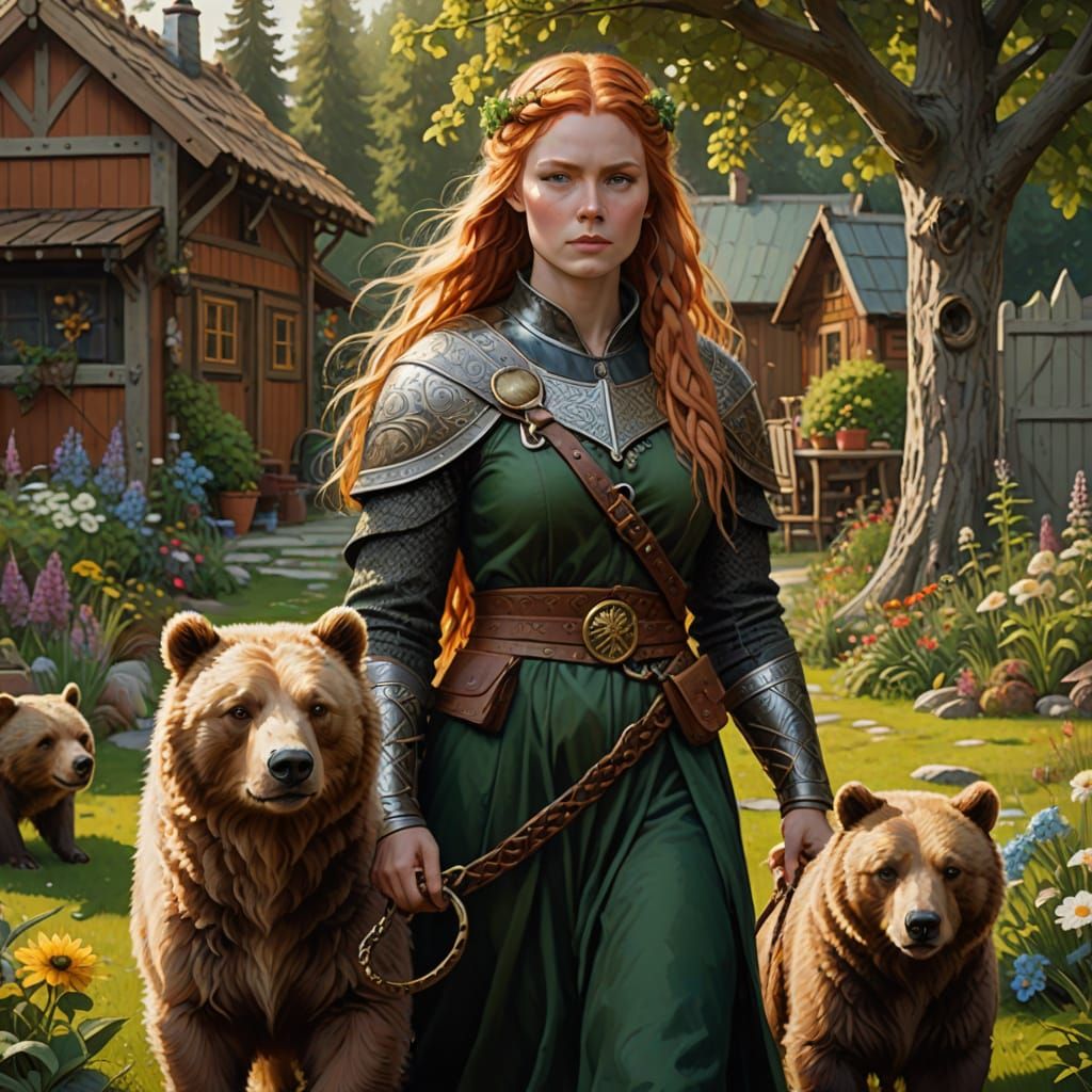 Viking Woman with Bear in Nordic Garden