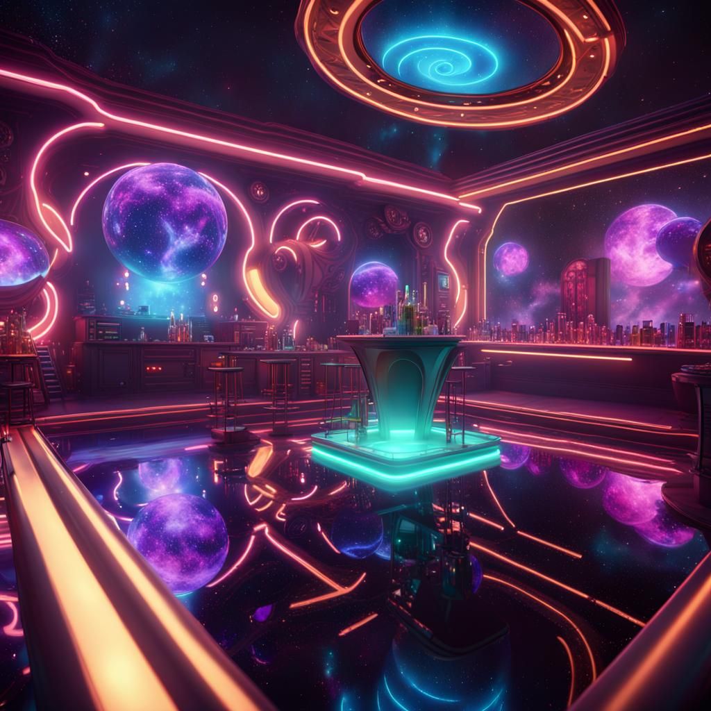 Neon Nightclub Floating in Outer Space in Detailed Matte Pai...