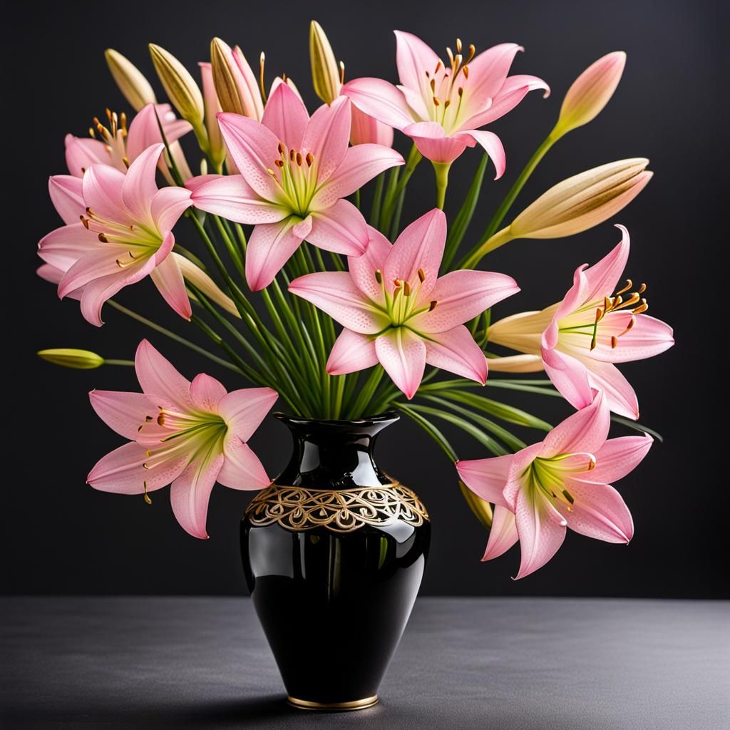 Pink Rain Lilies in Gold Filigree Vase