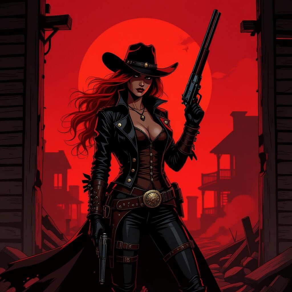 Fiery Cowgirl in Charred Saloon, Steampunk Aesthetic
