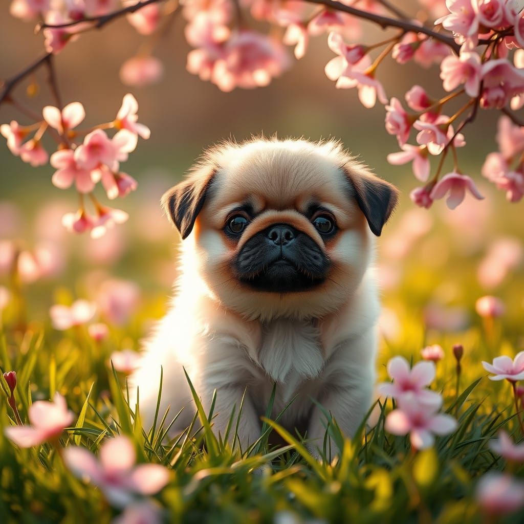 Whimsical Cherry Blossom Meadow with Adorable Pug