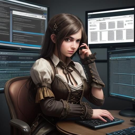 Steampunk Programmer at Multi-Screen Computer System