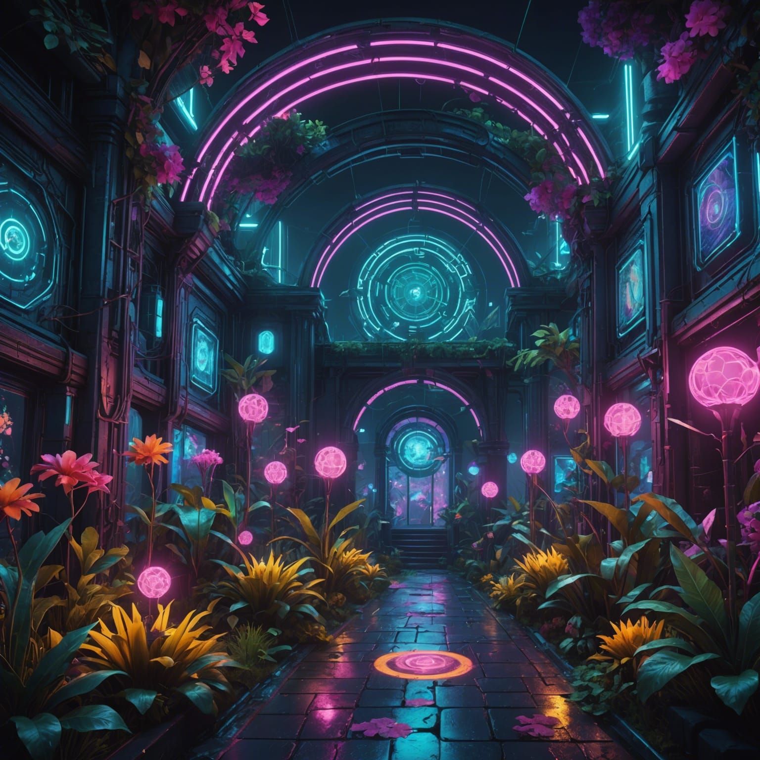 Neon Cyber Garden: Detailed Matte Painting