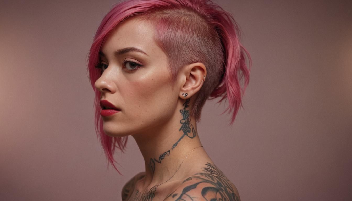 Tattooed Woman Portrait with Vivid Pink Hair