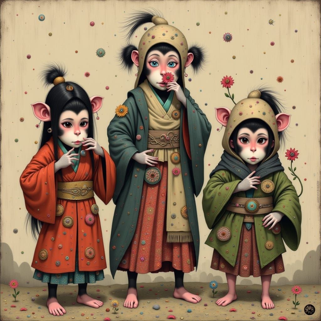 Three Wise Monkeys in Whimsical Fairytale Style