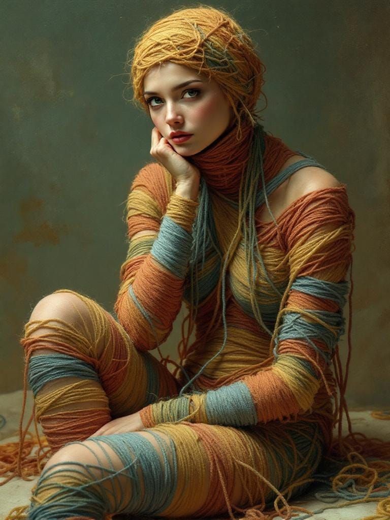 Woman Knitted from Yarn in Art Nouveau Style