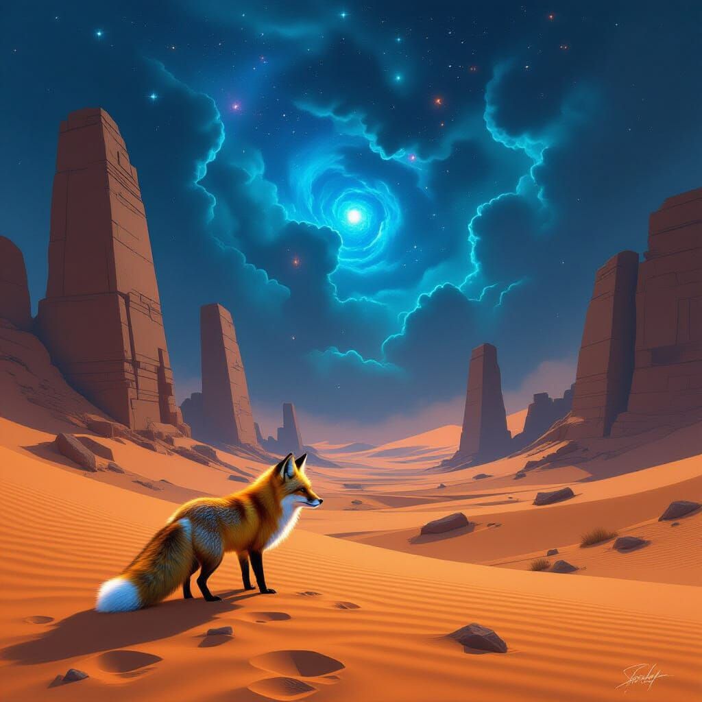 Bioluminescent Desert Fox Under Nebula Sky