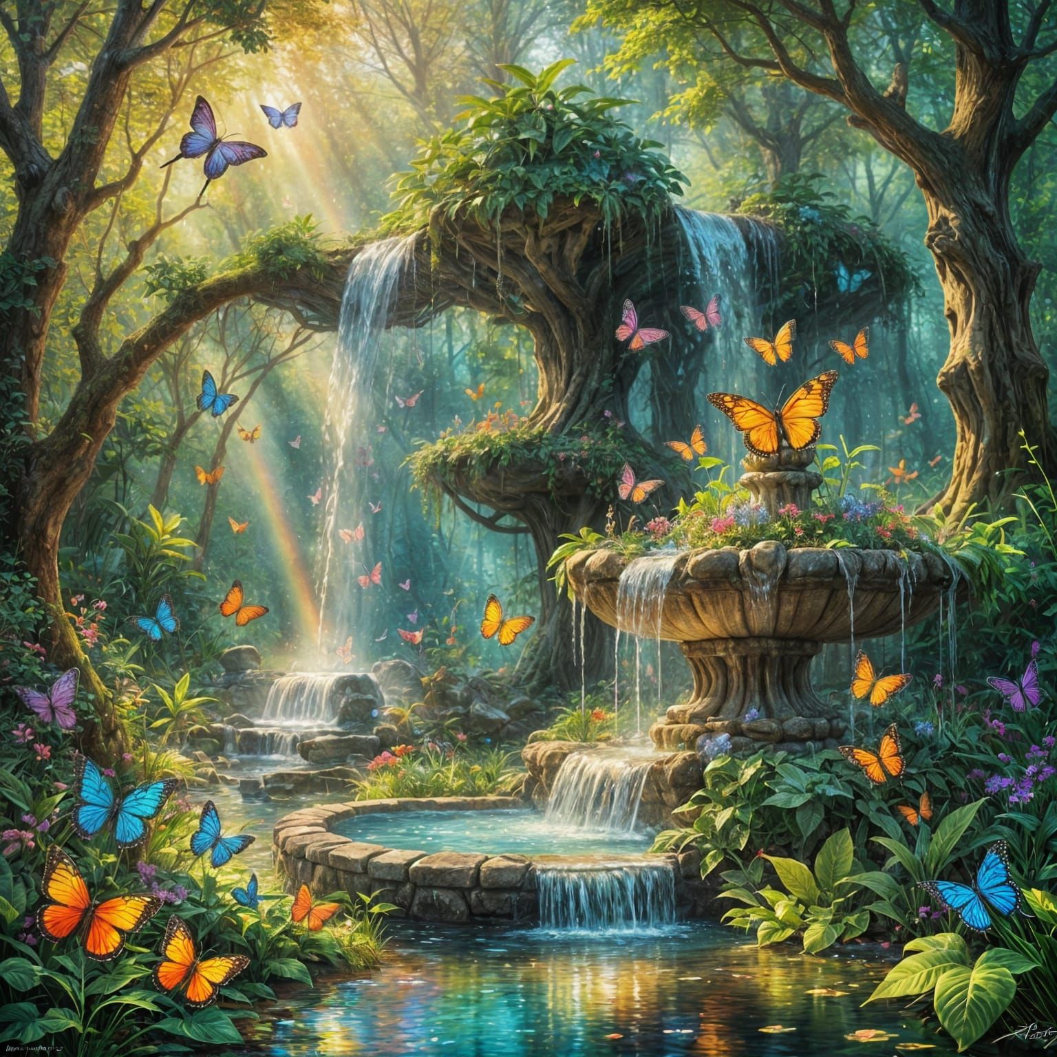 Magical Forest: Surreal Fountain in Impressionistic Style
