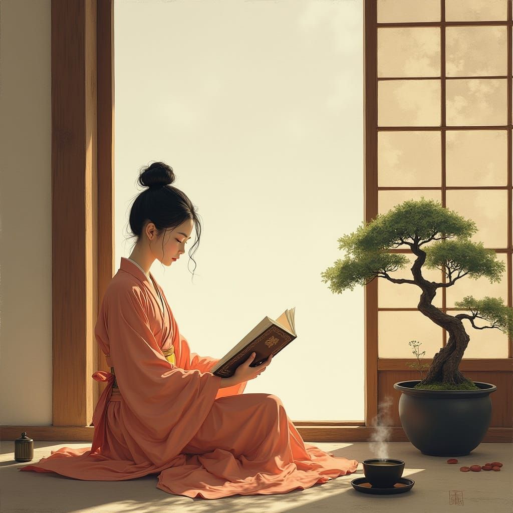 Woman Reading Diamond Sutra in Literati Painting Style
