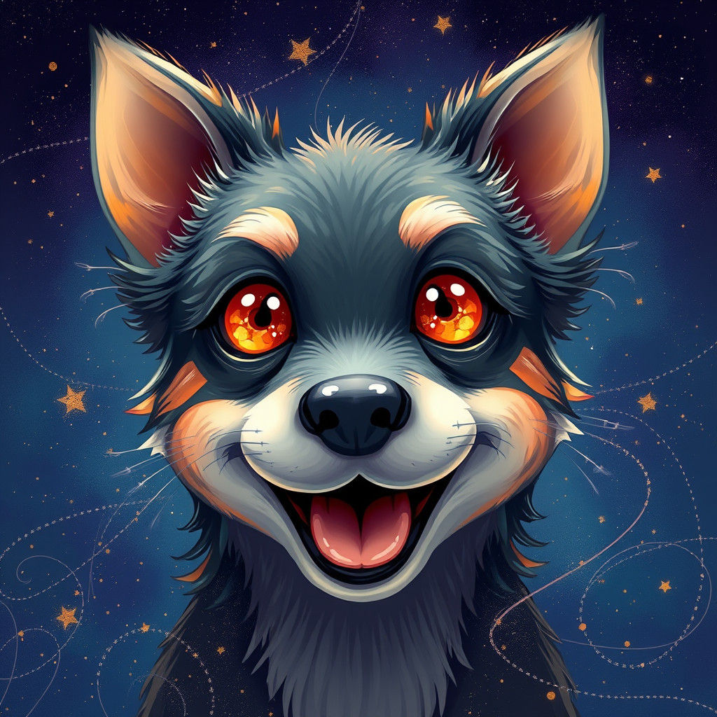 Playful Dog with Orange Eyes in Whimsical Style