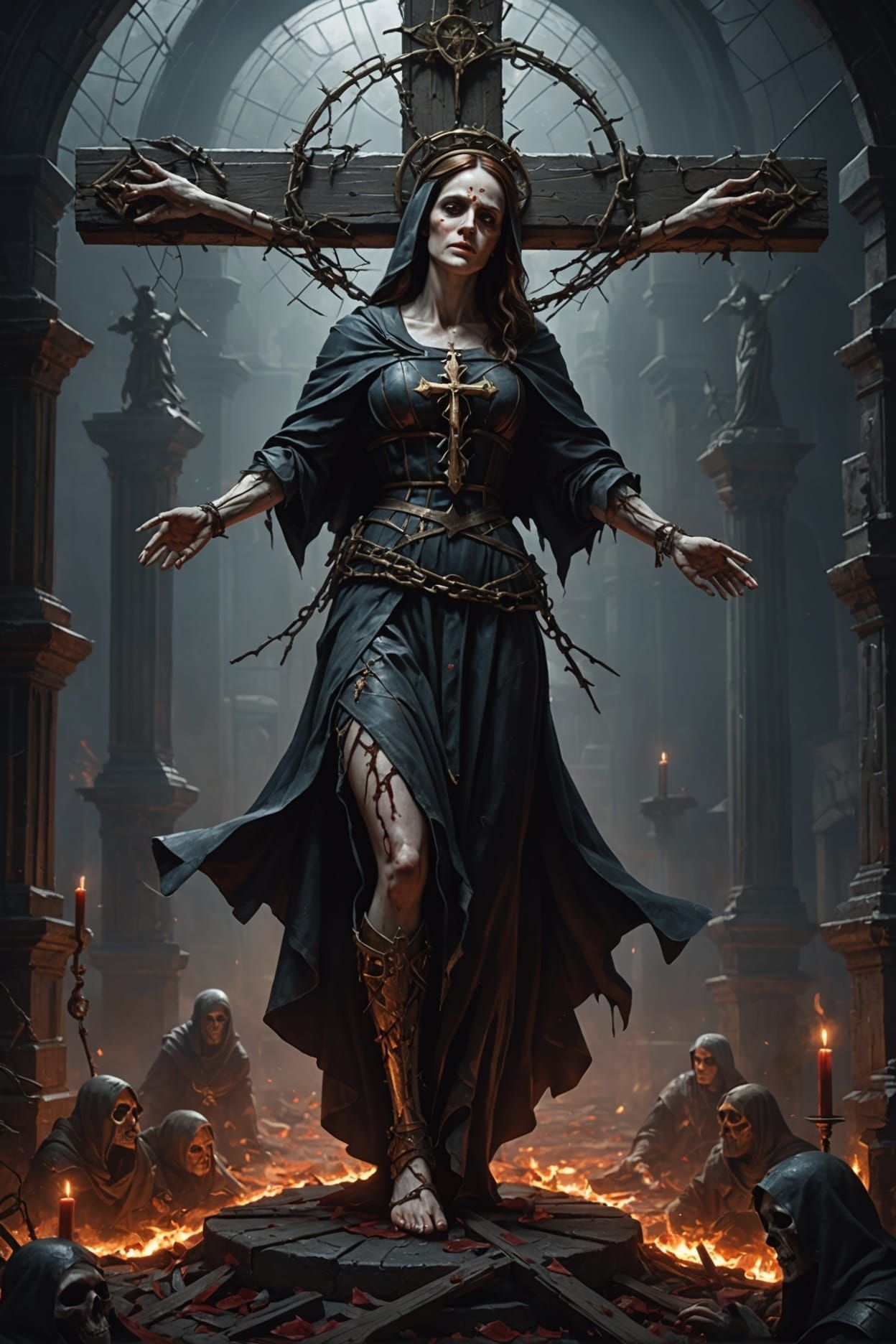 Dark Fantasy Mary on a Cross: Hyperdetailed Concept Art
