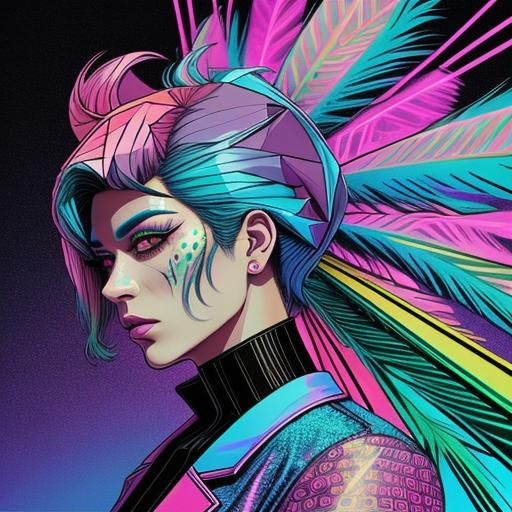 Synthwave Man with Rainbow Leopard Print and Feathers