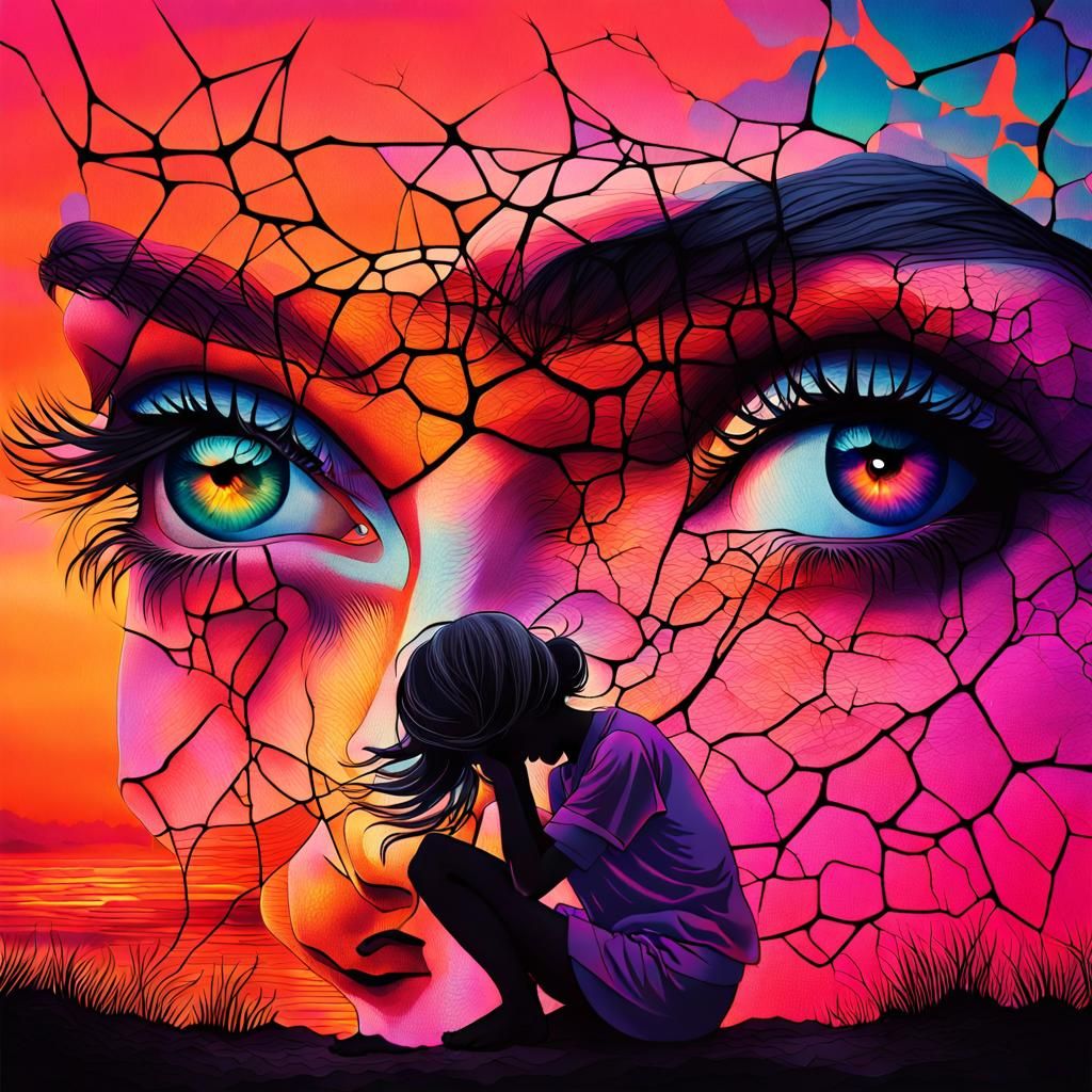 Surreal Bio Art: Woman and Cracked Eyes at Sunset