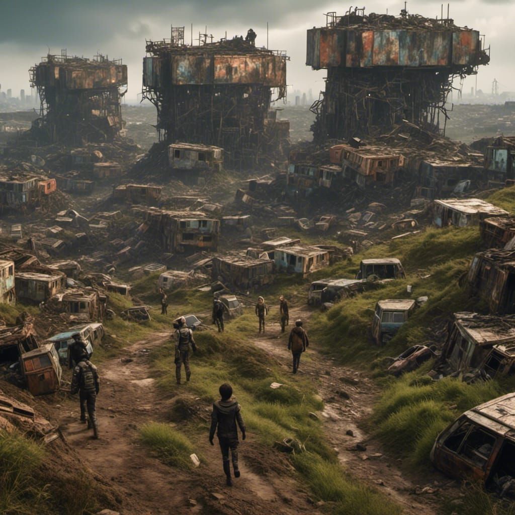 Children Play on Hill in Cyberpunk Slums