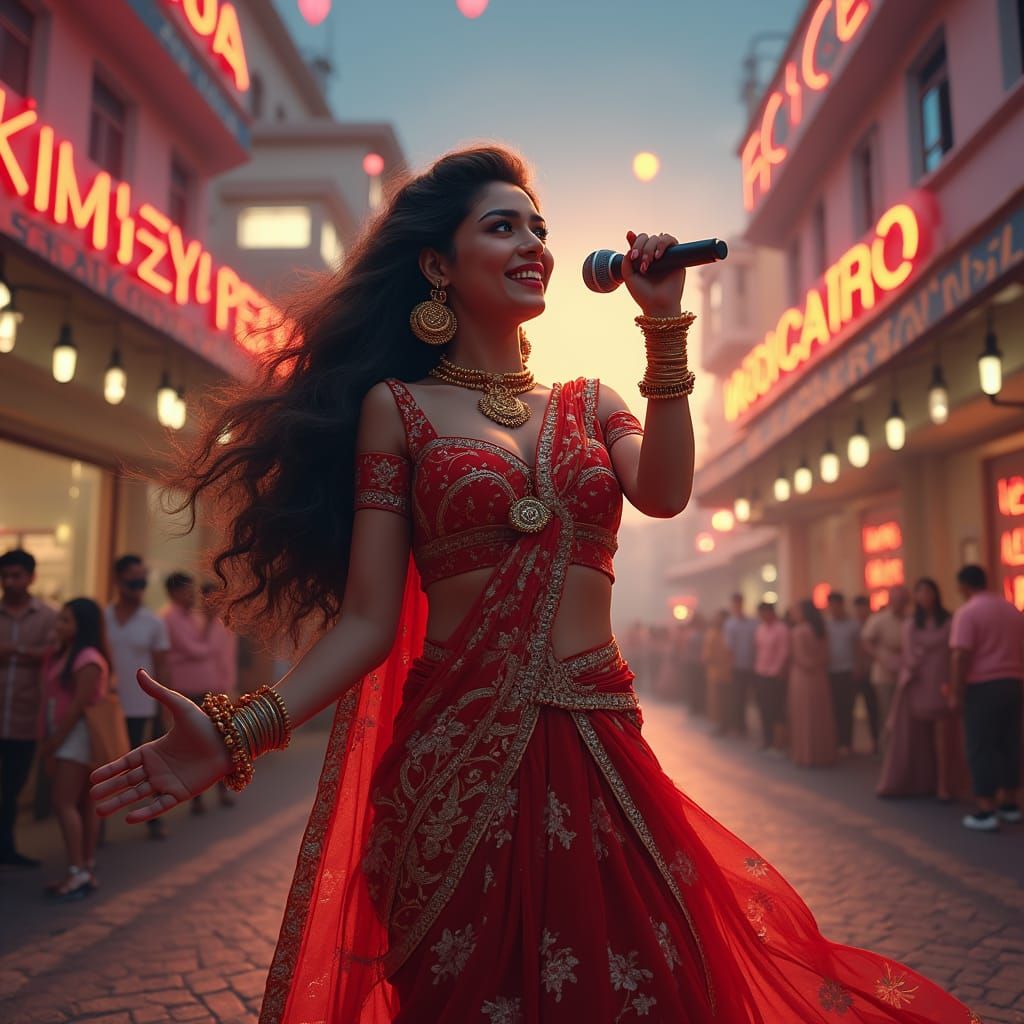 Bollywood Singer on Retro Karaoke Stage at Dusk