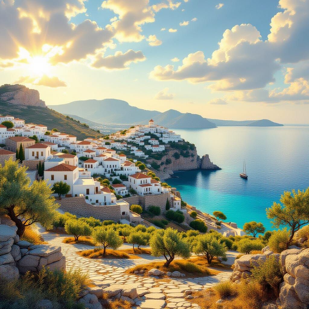 Realistic Greek Island Landscape in Golden Afternoon Light