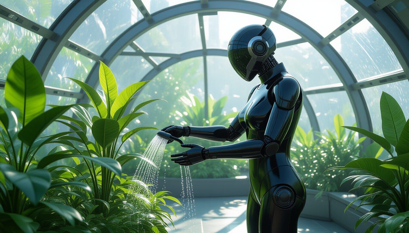 Cyborg Tends Plants in Space Station Greenhouse