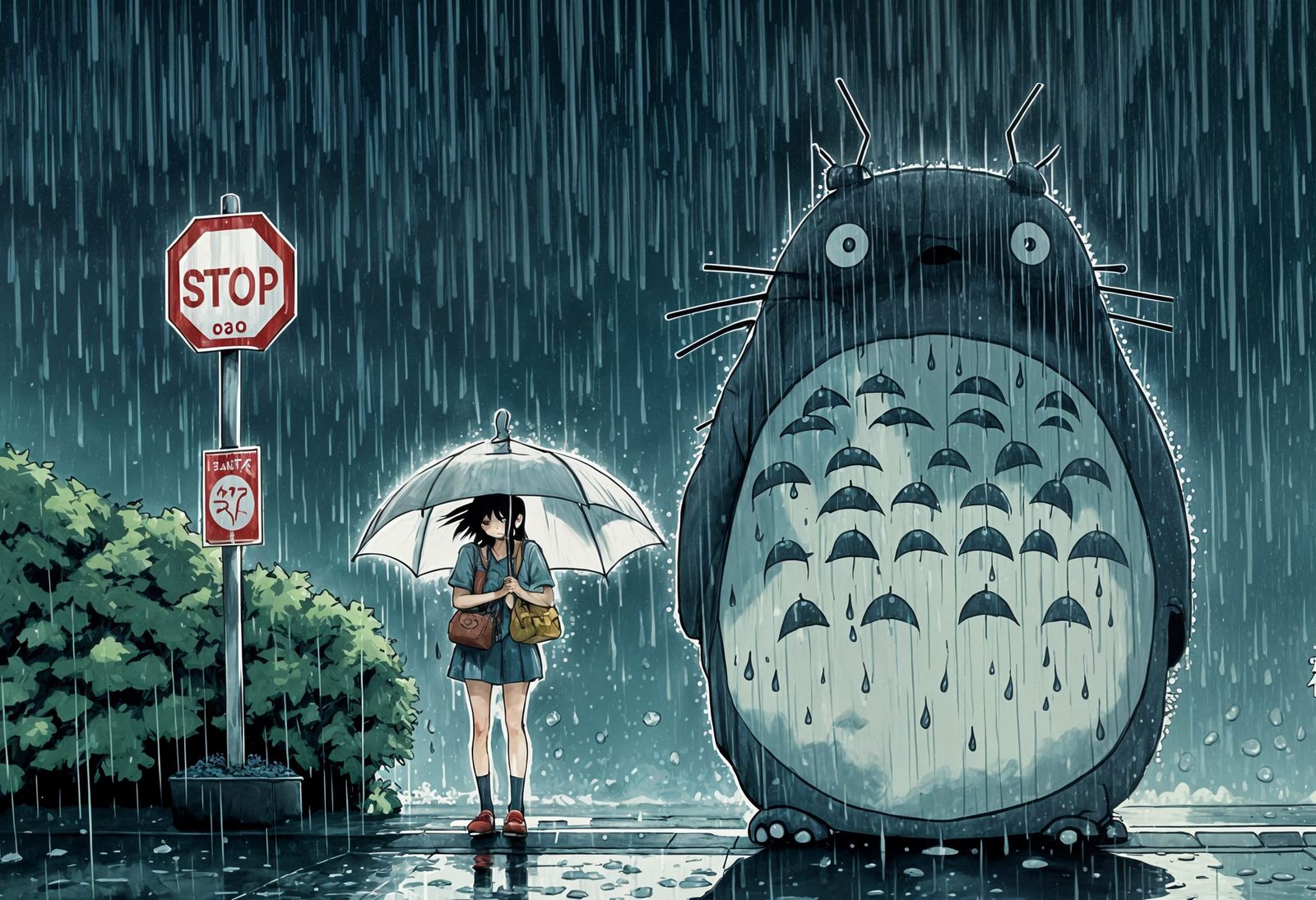 Girls and Totoro at Bus Stop: Manga Illustration