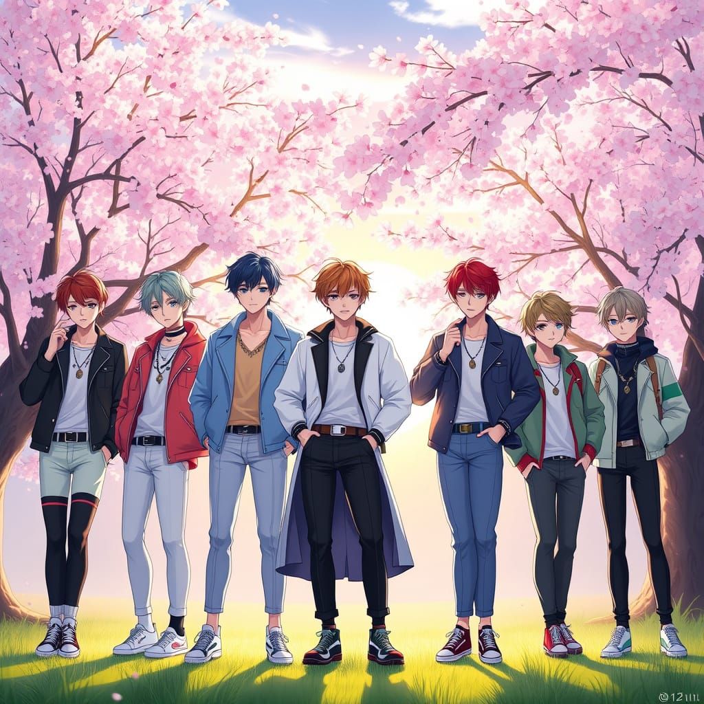 Anime Boys Under Cherry Blossoms in Digital Art Style