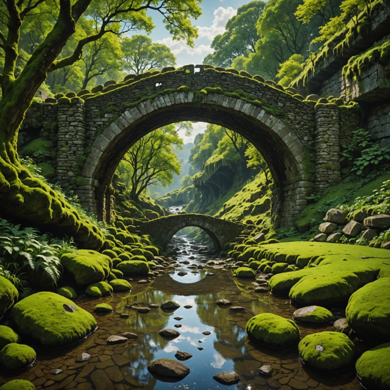 Moss-Covered Stone Bridge Over Rippling River