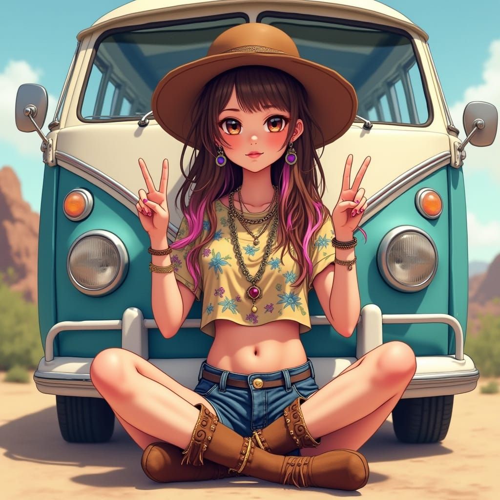 Hippie Girl with Retro Van in Acrylic Watercolor Style