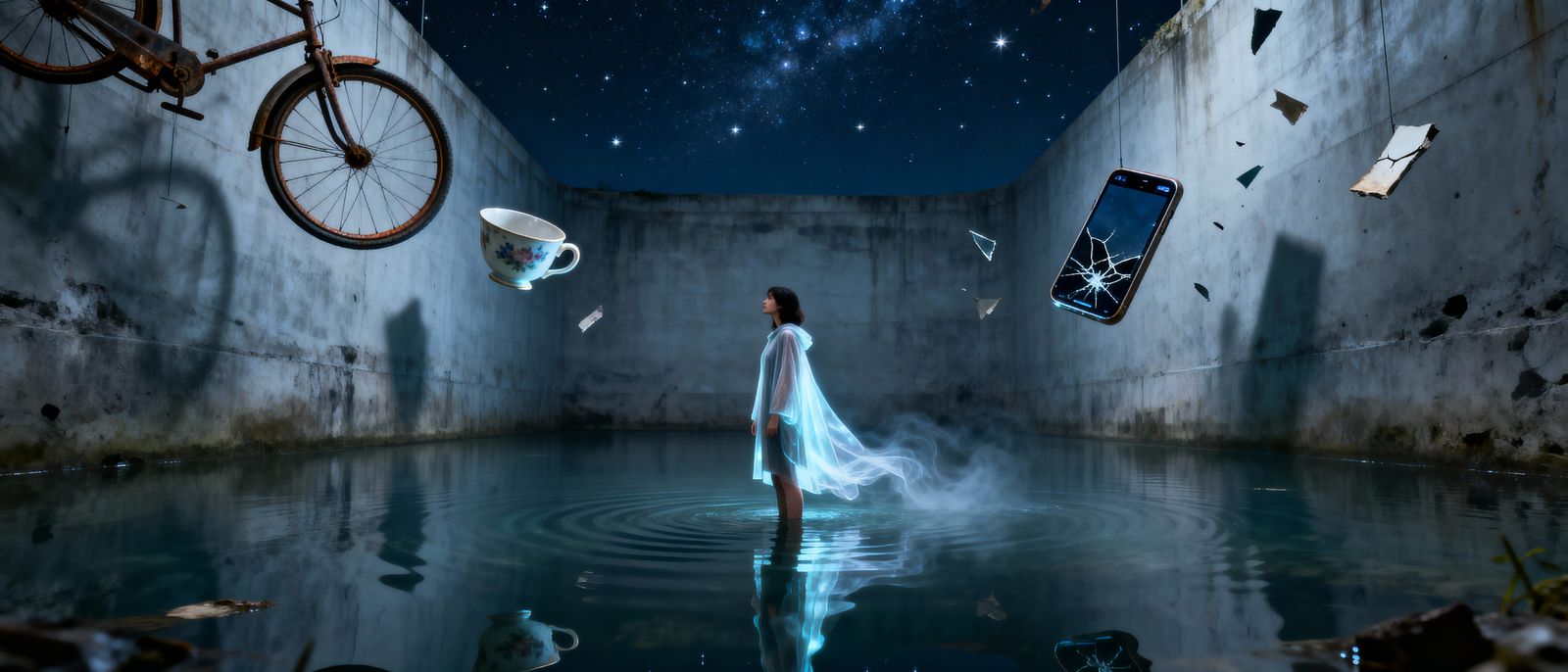 Woman in Starry Reservoir, Surreal Memoryscape