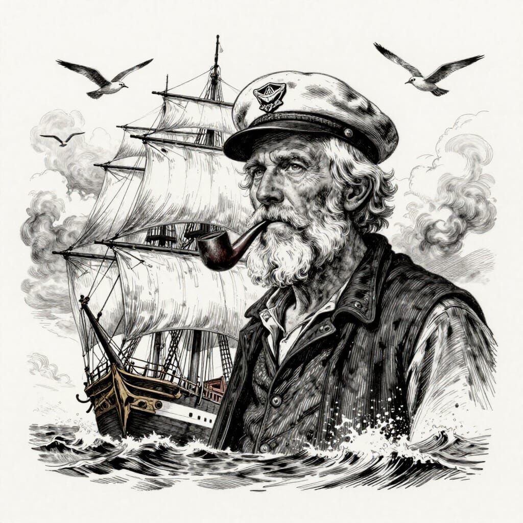 Old Sailor Smoking Pipe Over Stormy Seas
