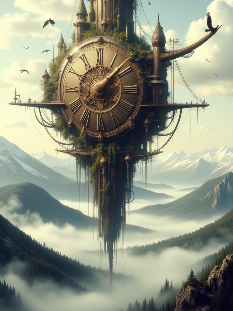 Surreal Steampunk Clock Tower Floats Above Misty Mountains i...