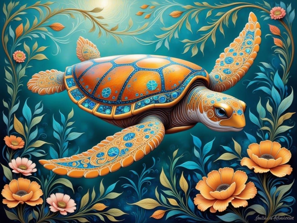 Sea Turtle in Folk Art Nouveau Style