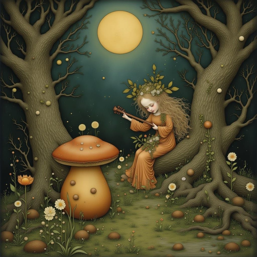 Forest Sprite Plays Lute in Enchanted Glade