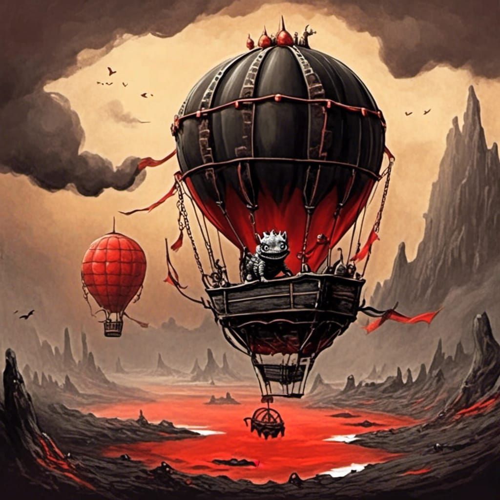 Demon in Hot Air Balloon Over Lava Lake