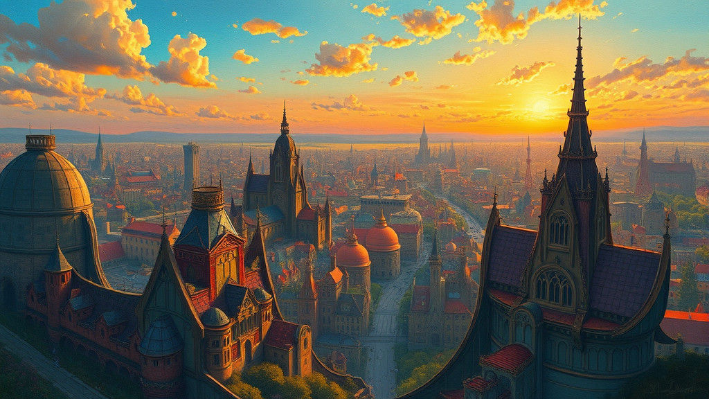 Dreamlike Cityscape in Art Nouveau Style