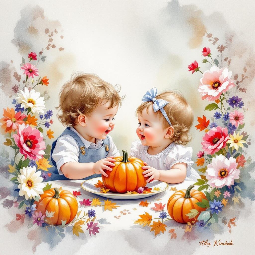 Ethereal Watercolor of Siblings Celebrating Thanksgiving