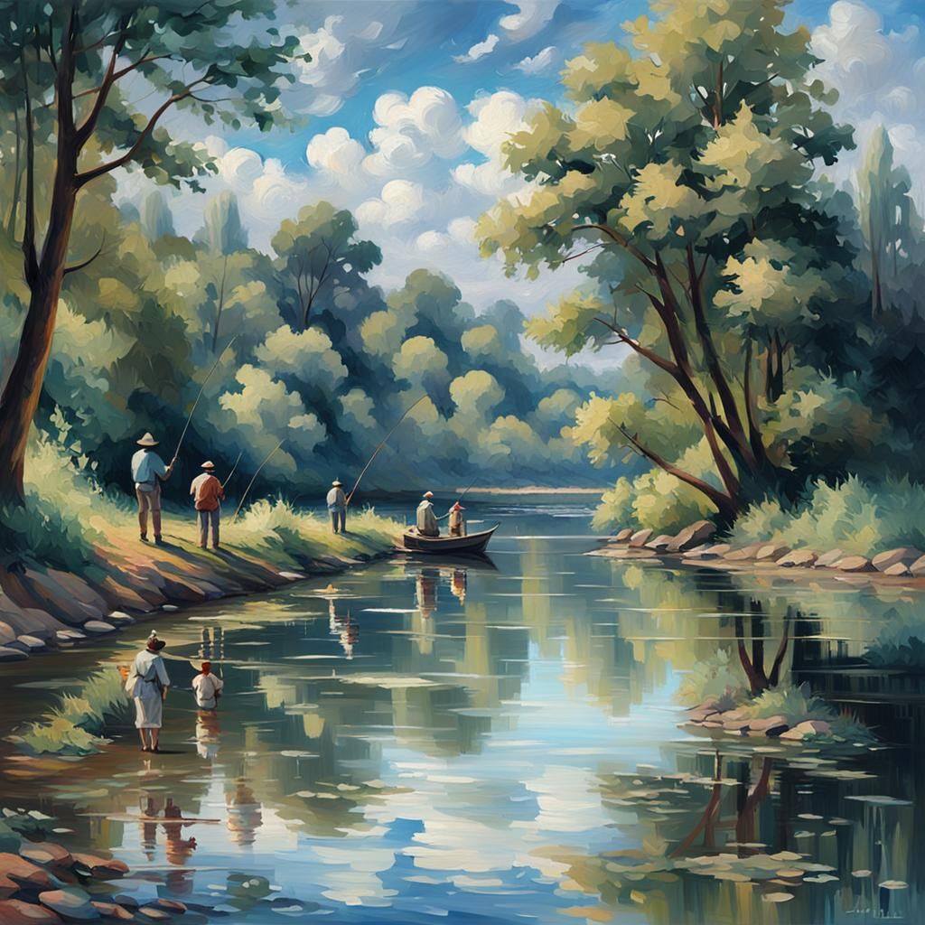 An Impressionism painting of people fishing by a tranquil river, with reflections of trees and the sky on the water impr...