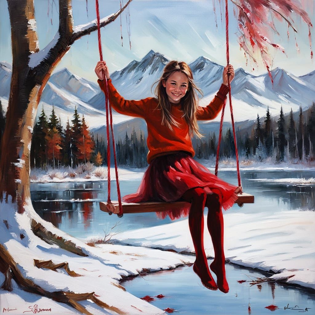 Elegant Girl Swings in Swedish Winter Wonderland