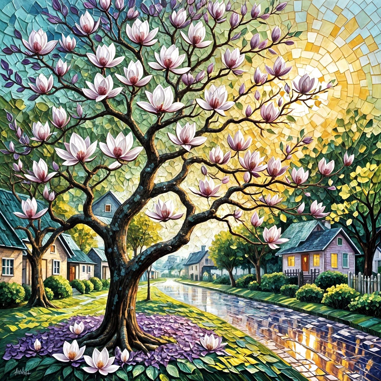 Magnolia Tree in Impasto Style with Village