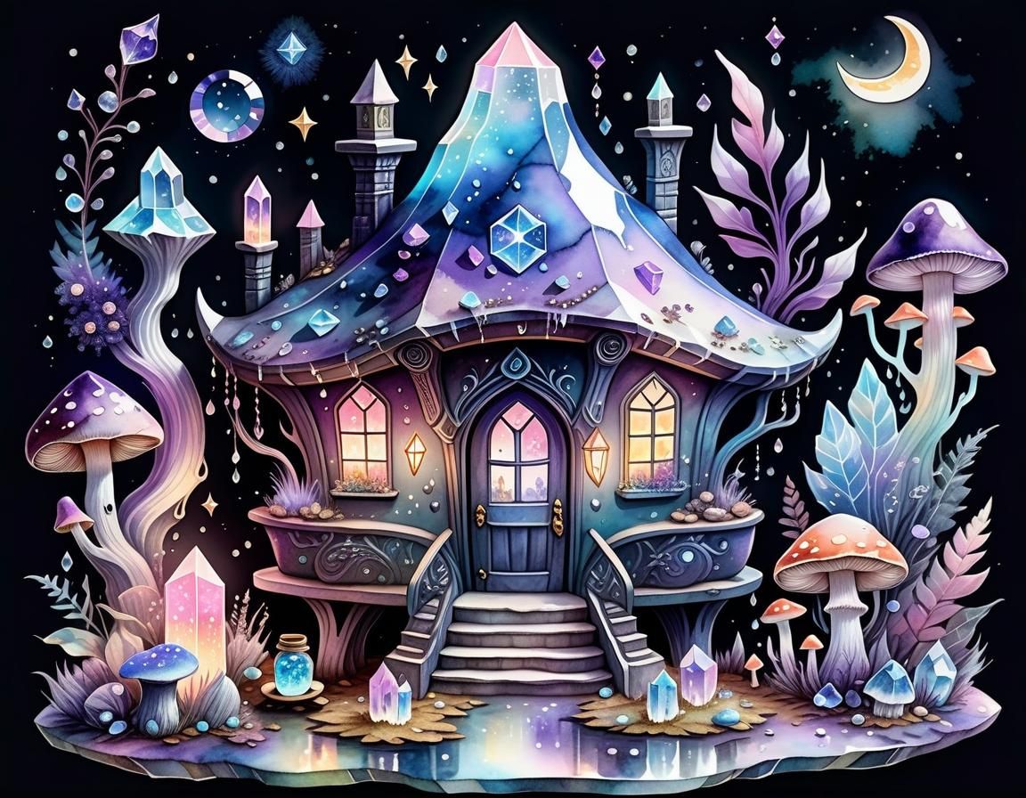 Crystals, Crescent Moon, and Pagan Home in Watercolor