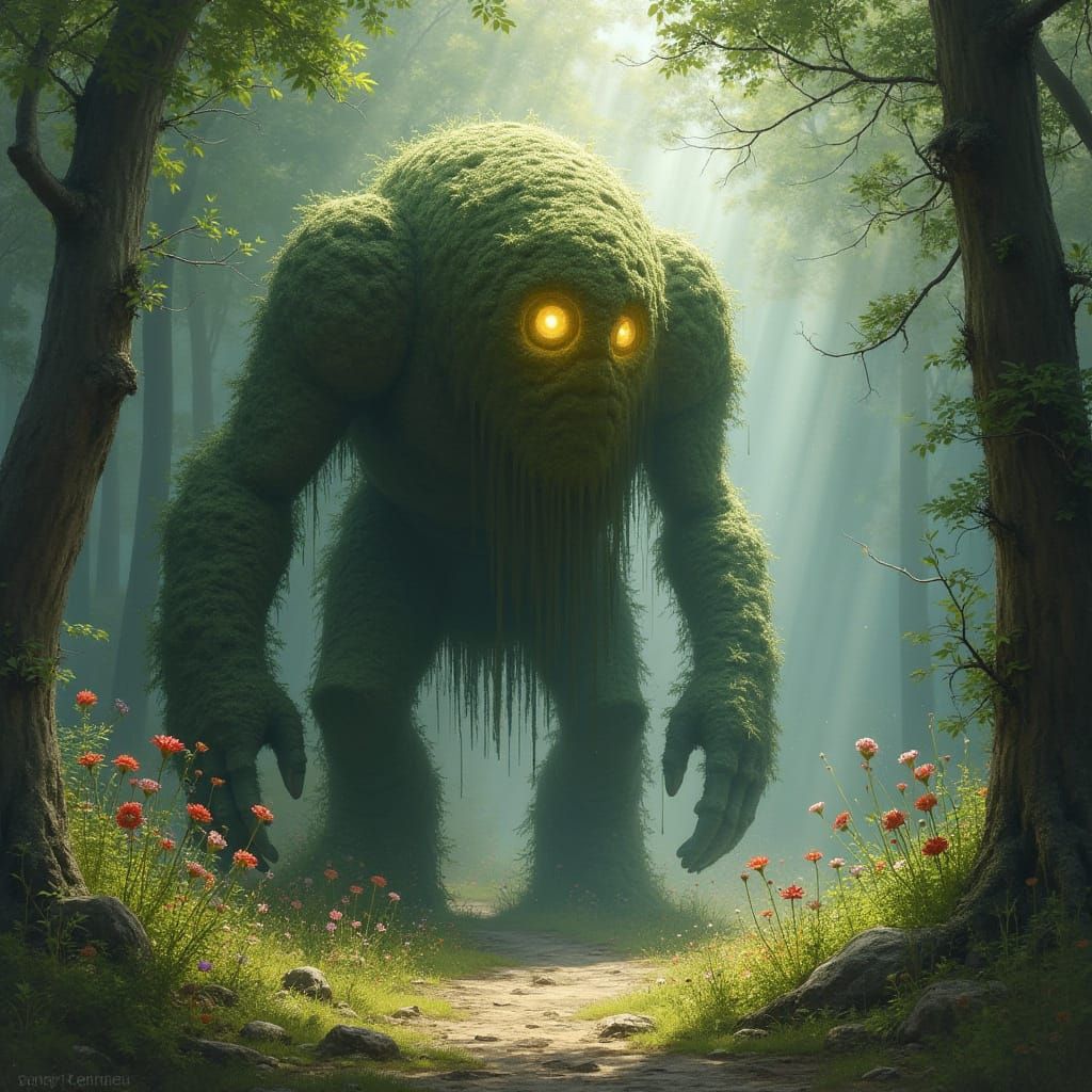 Mossy Stone Golem Awakens in Sunlit Forest Clearing