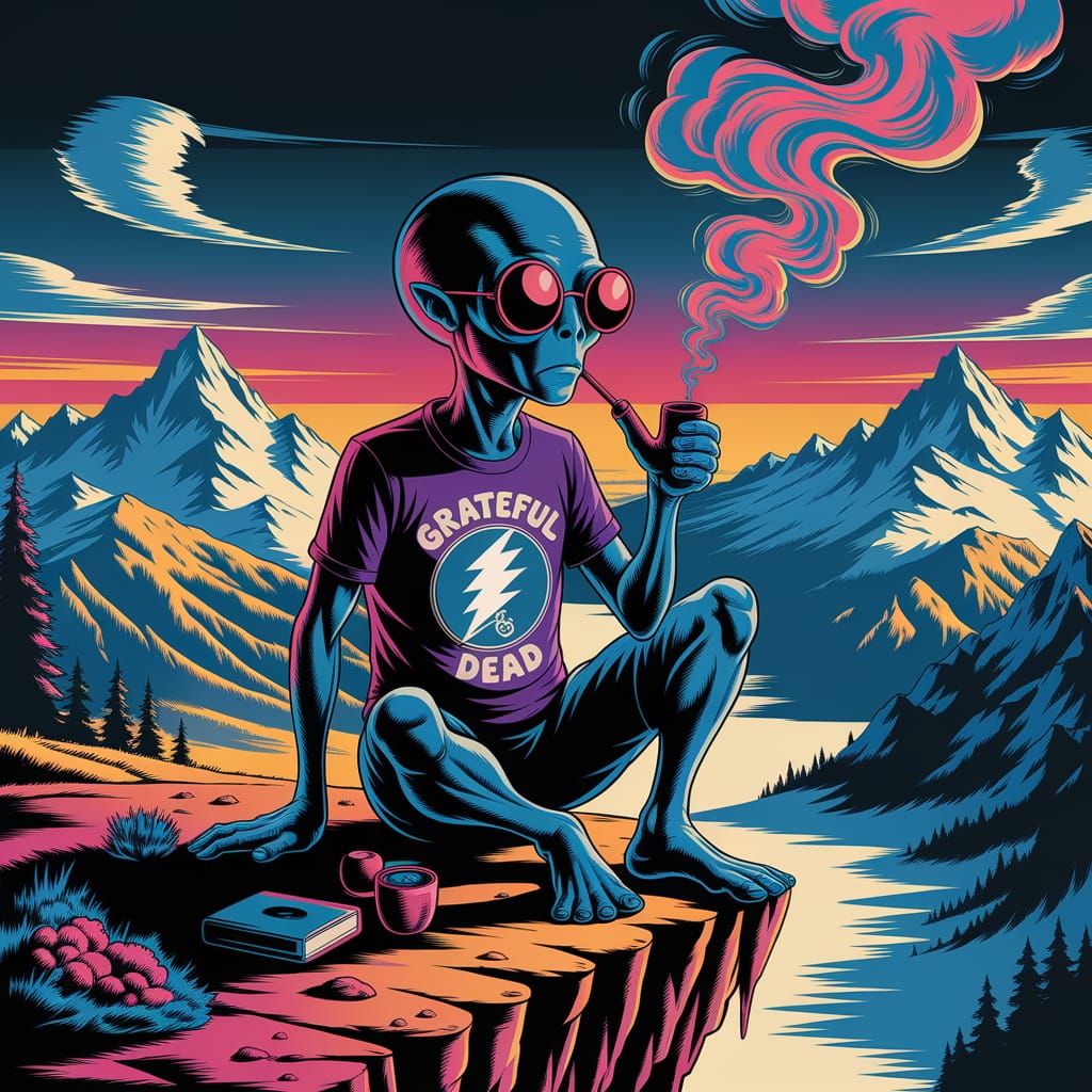 Alien Smoking Psychedelic Pipe on Cliff Edge in Rose Glasses