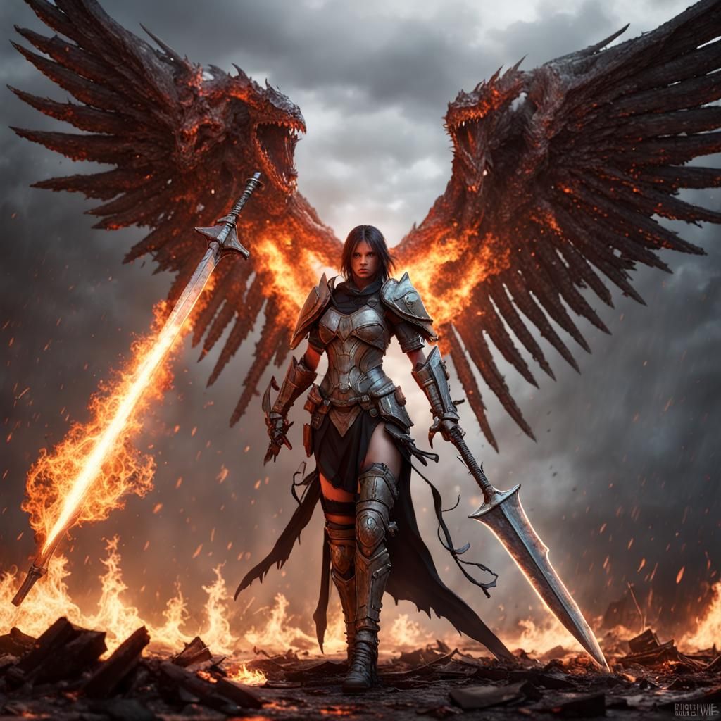 Fallen Angel Female Warrior in Hellscape