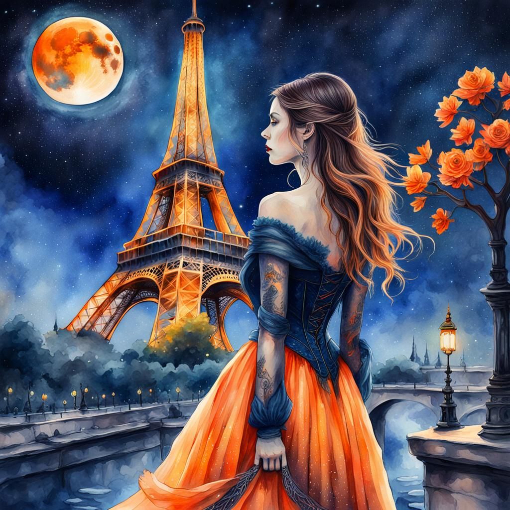 Mystical Watercolor: Girl and Magical Eiffel Tower