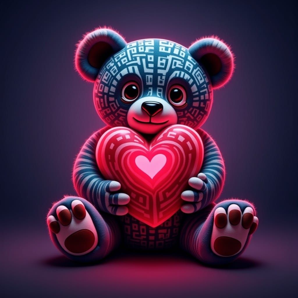 Cute Teddy Bear Hugging Heart in Synthwave Neon Style