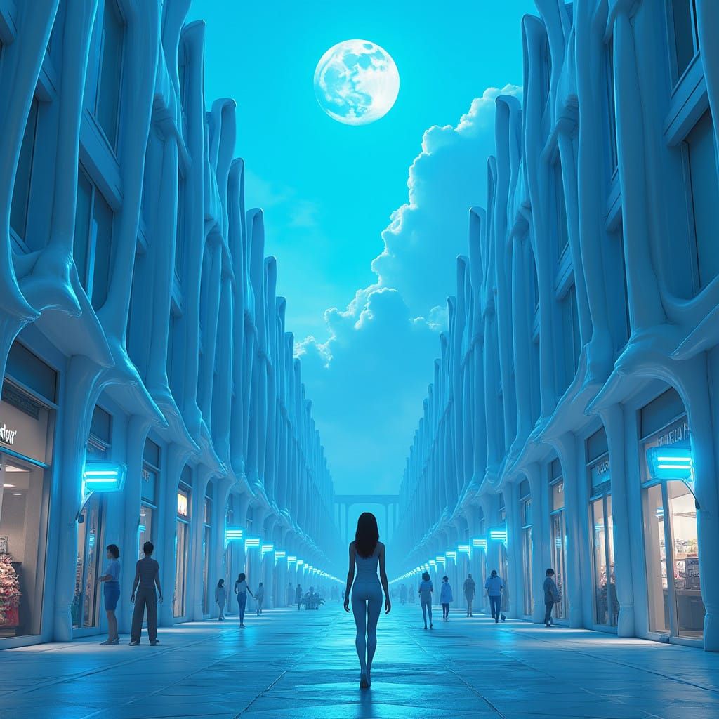 Surreal Futuristic City Under the Luminous Blue Moonlight