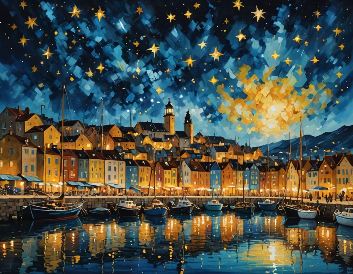 Night Port Reflecting Starry Sky as Oil Painting