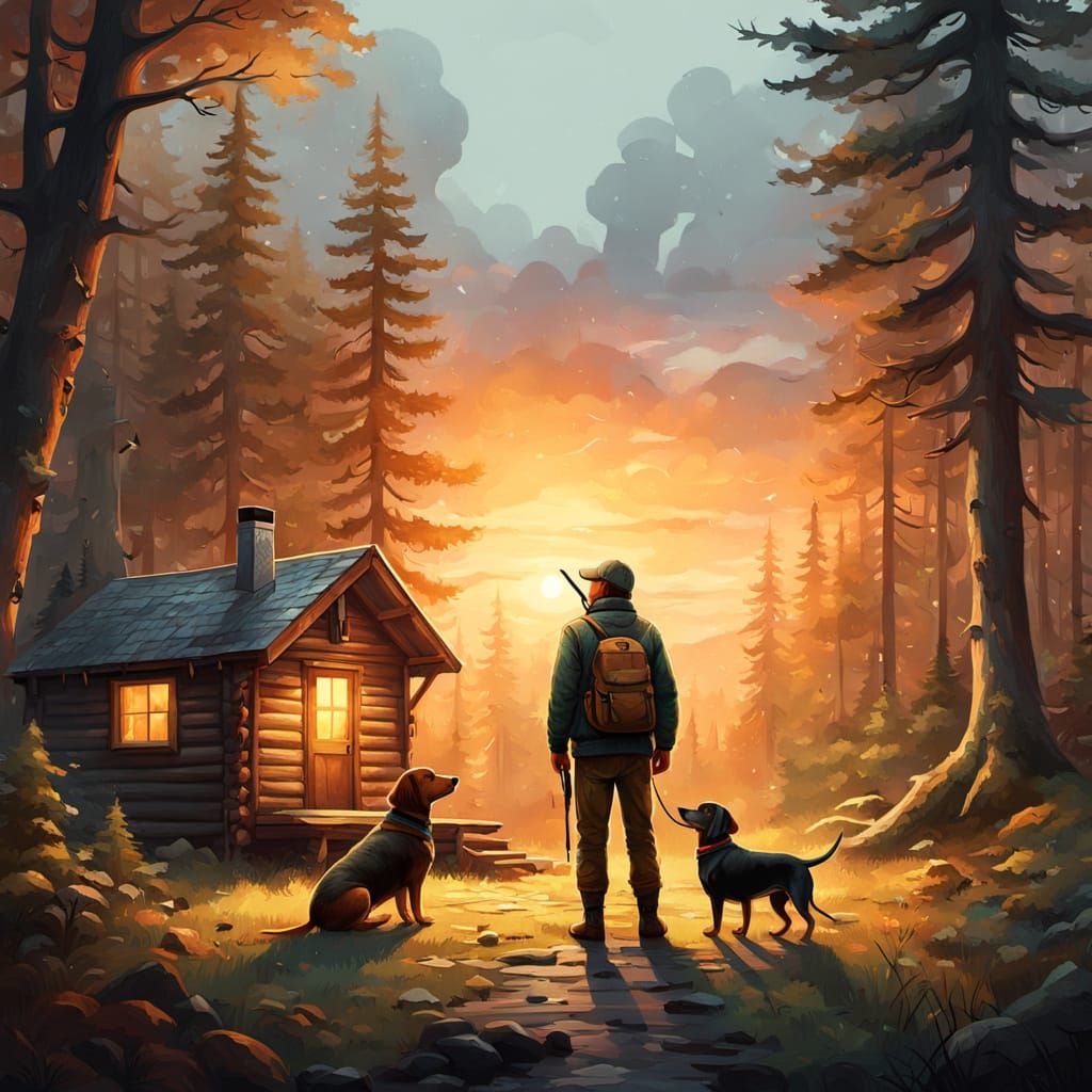Hunter and Dachshund at Cabin in Forest, Oil Painting