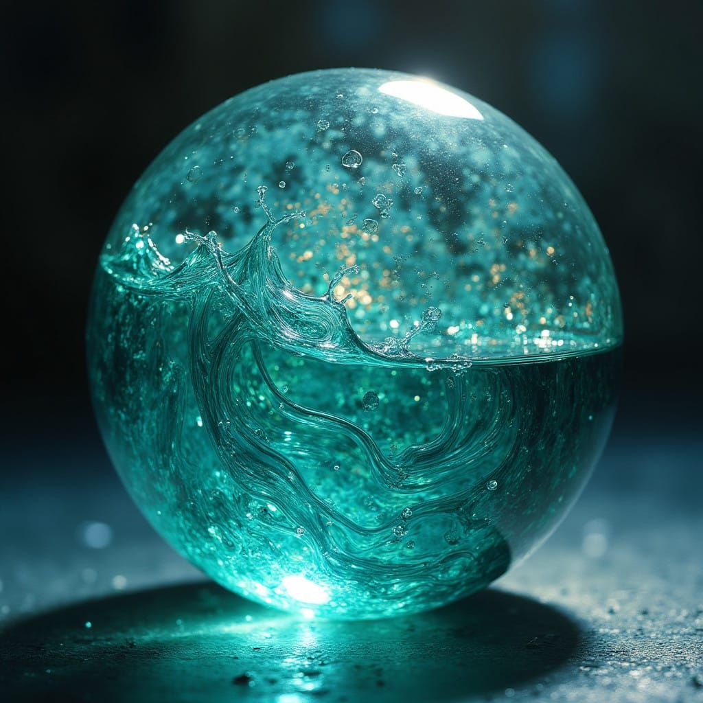 Majestic Water Sphere in Crystal Radiates Deep Blues and Eme...